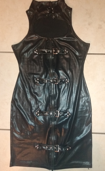 DSM Dominatrix lace Zip Buckle Up Pleather Dress - Picture 3 of 14